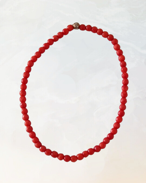 Armbånd, rød koral, halvædelsten, ædelsten, 2 mm, facetslebet, perle, guld, forgyldt sølv, elastik